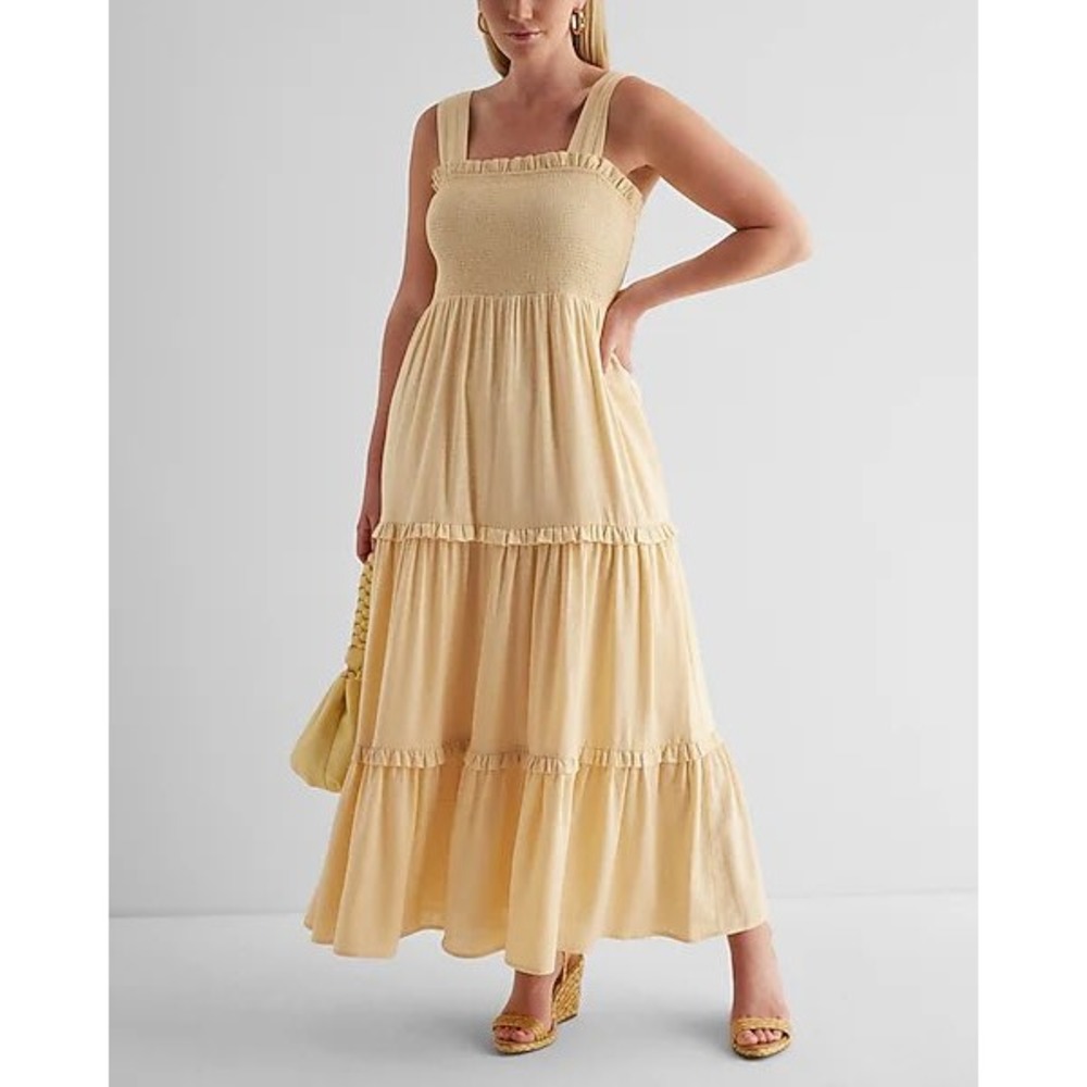 Express Smocked Tiered Maxi Dress Yellow Linen‎ Blend Square Neck Sleeveless s1